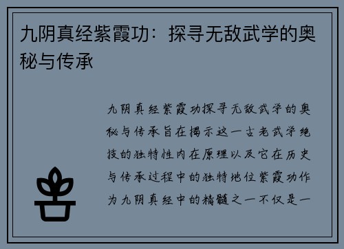 九阴真经紫霞功：探寻无敌武学的奥秘与传承